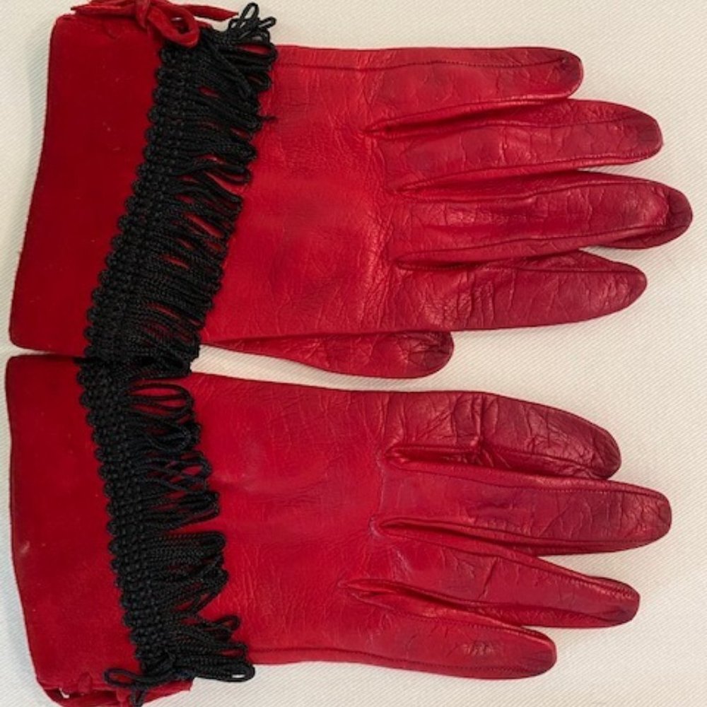 80's Saks Fifth Avenue Red Kid Leather and Suede Gloves with Silk Fringe